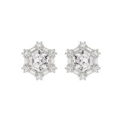 14K WHITE GOLD 1 1/4CT ROUND/BAGUETTE/HEXAGON STEP CUT DIAMOND LADIES EARRINGS