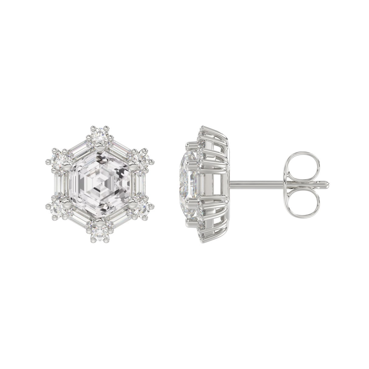 14K WHITE GOLD 1 1/4CT ROUND/BAGUETTE/HEXAGON STEP CUT DIAMOND LADIES EARRINGS