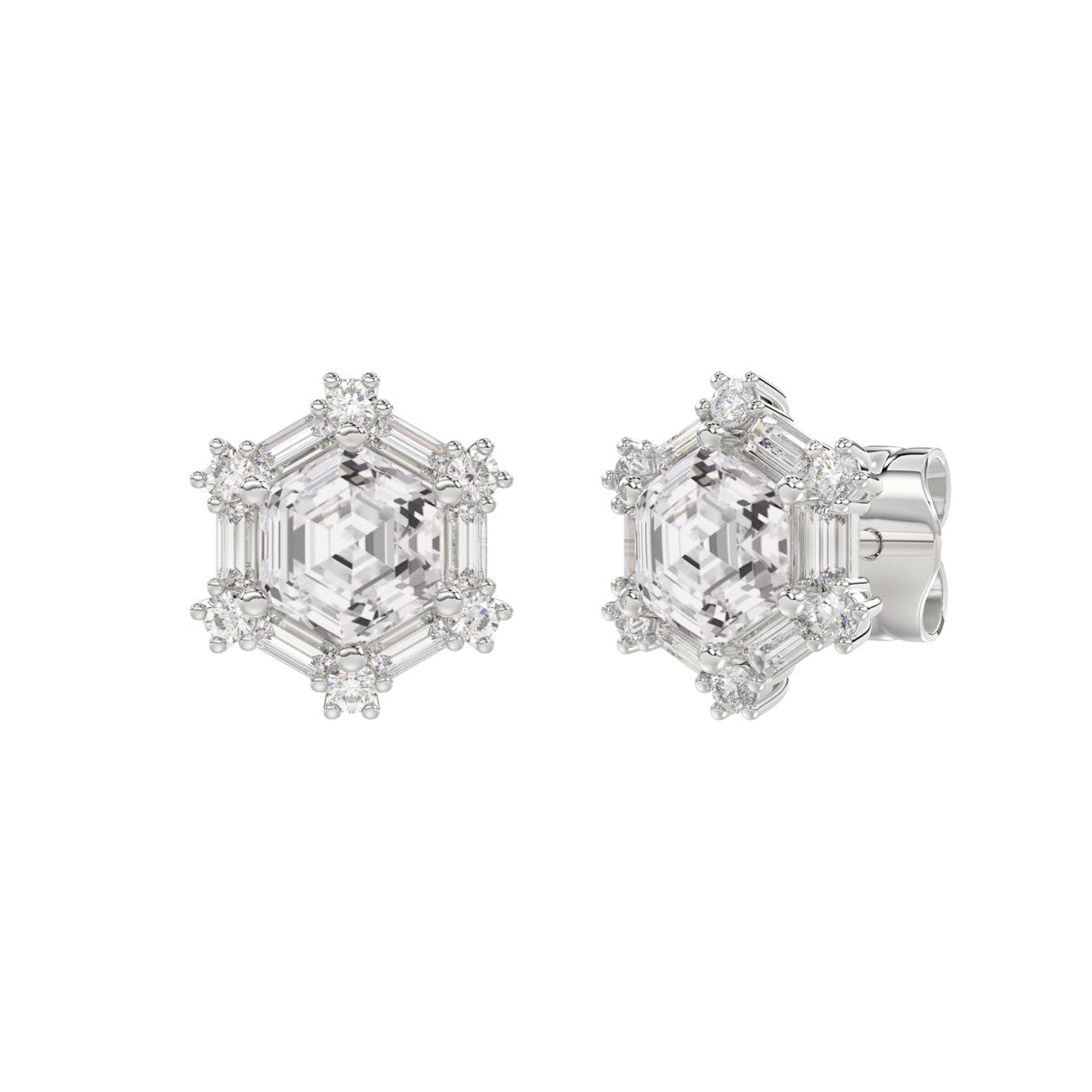 14K WHITE GOLD 1 1/4CT ROUND/BAGUETTE/HEXAGON STEP CUT DIAMOND LADIES EARRINGS