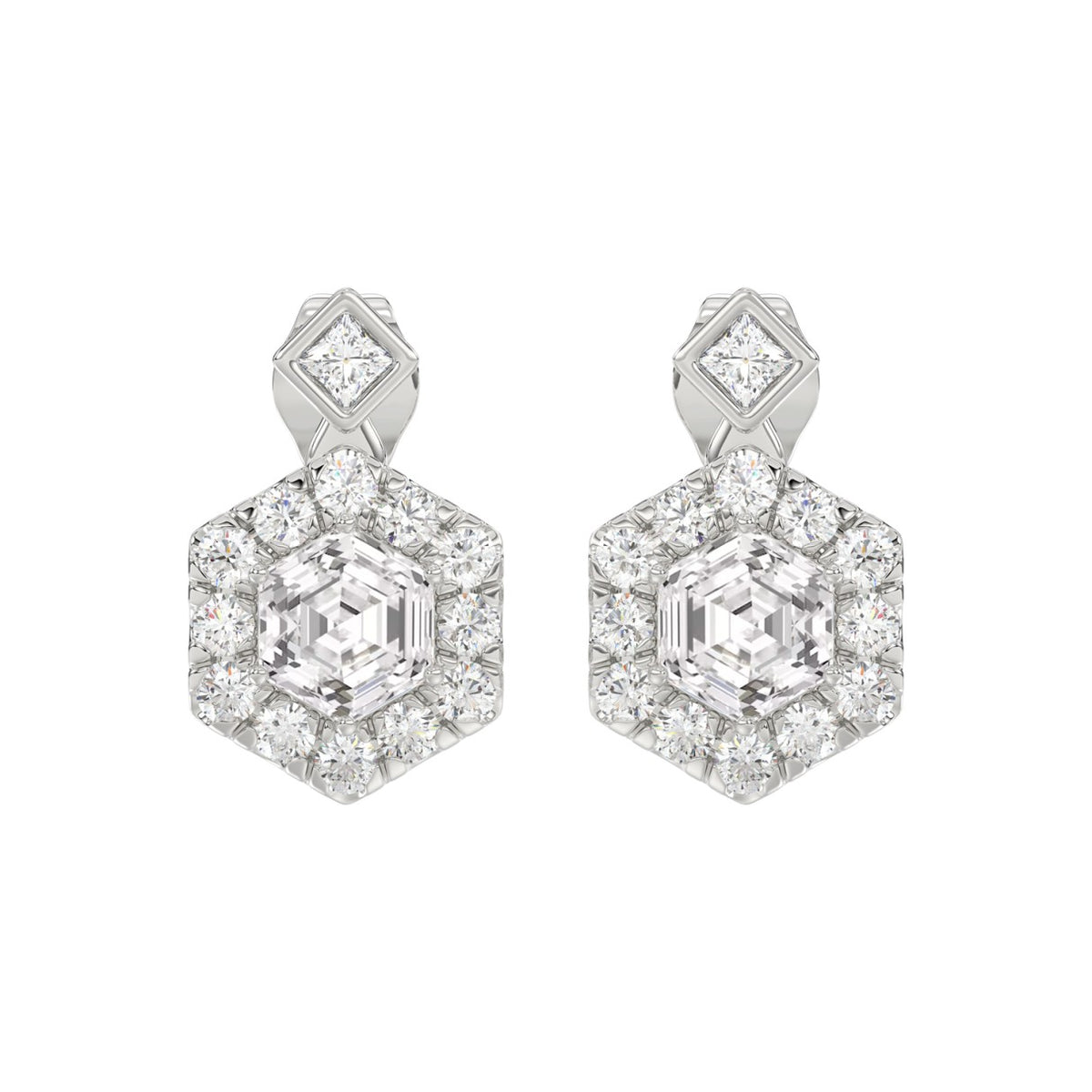 14KWHITE GOLD 2 1/4CT ROUND/HEXAGON STEP CUT DIAMOND LADIES EARRINGS