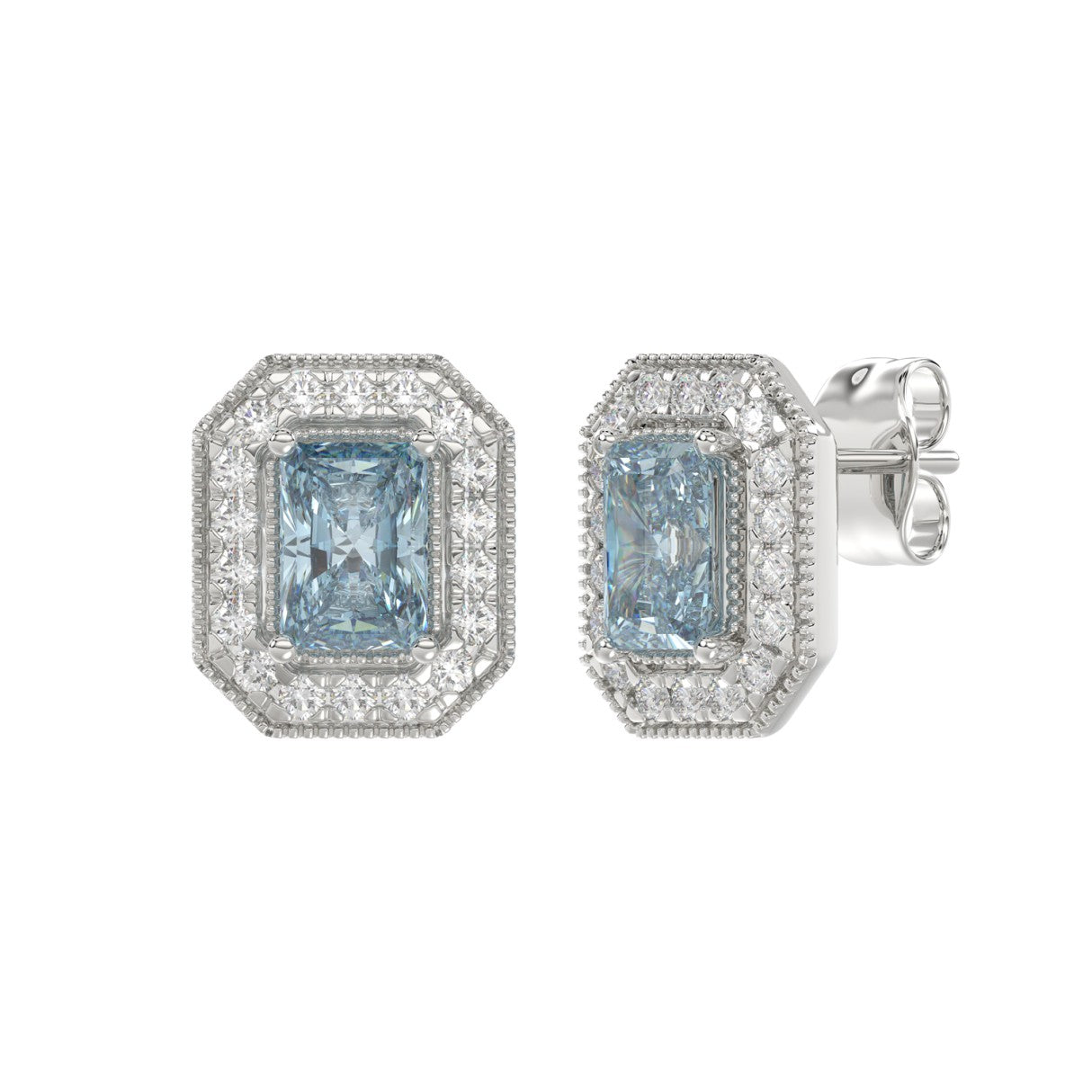 14K WHITE GOLD 1 1/4CT ROUND/BLUE RADIANT DIAMOND LADIES EARRING 