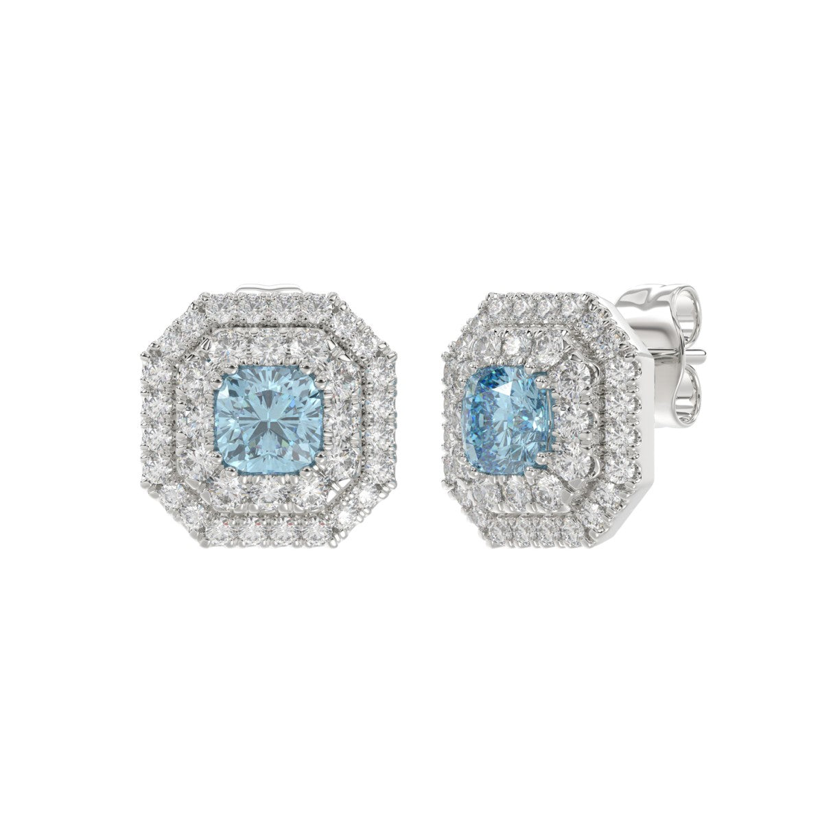 14K WHITE GOLD 1 1/2CT ROUND/BLUE CUSHION DIAMOND LADIES EARRING 