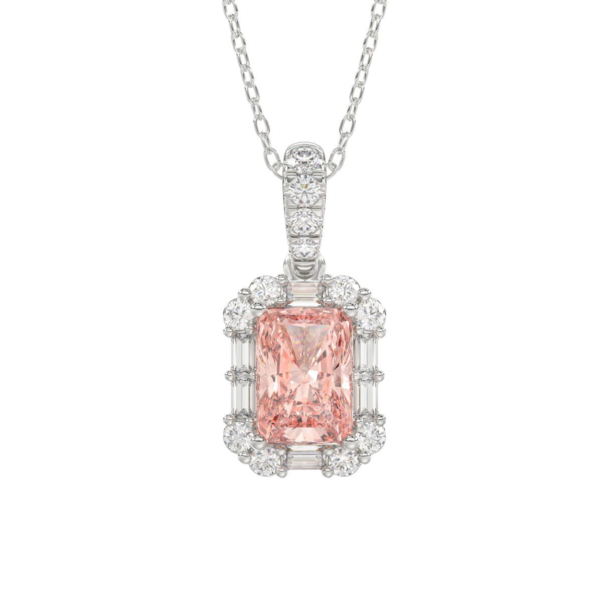 14K WHITE GOLD CRAFTED WITH 18K YELLOW GOLD BACK PLATE 1 1/4CT ROUND/BAGUETTE/PINK RADIANT DIAMOND LADIES PENDANT WITH CHAIN