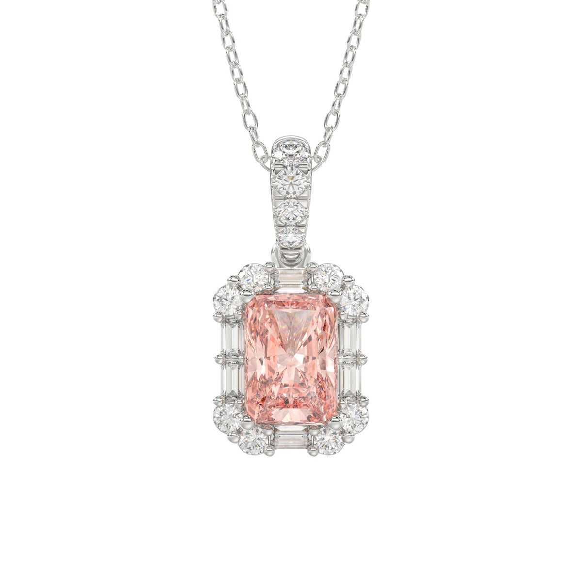14K WHITE GOLD CRAFTED WITH 18K YELLOW GOLD BACK PLATE 1 1/4CT ROUND/BAGUETTE/PINK RADIANT DIAMOND LADIES PENDANT WITH CHAIN