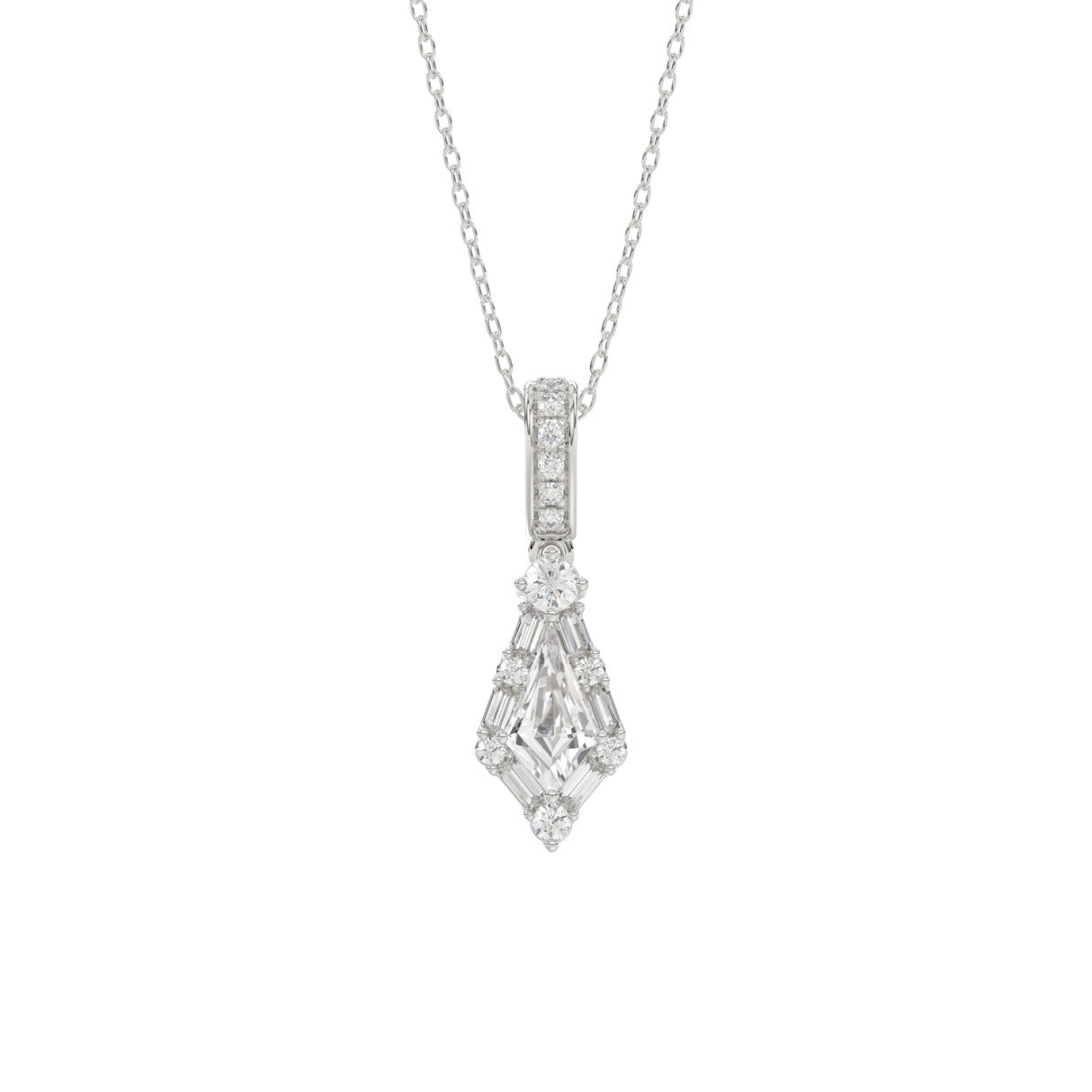14K WHITE GOLD 1.00CT ROUND/BAGUETTE/KITE DIAMOND LADIES PENDANT WITH CHAIN