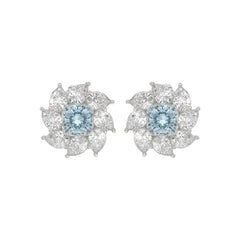 14K WHITE GOLD CRAFTED WITH 18K YELLOW GOLD BACK PLATE 2 5/8CT PEAR/BLUE CUSHION DIAMOND LADIES EARRINGS