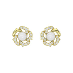 14K YELLOW GOLD 1/4CT ROUND/PEARL DIAMOND LADIES EARRINGS