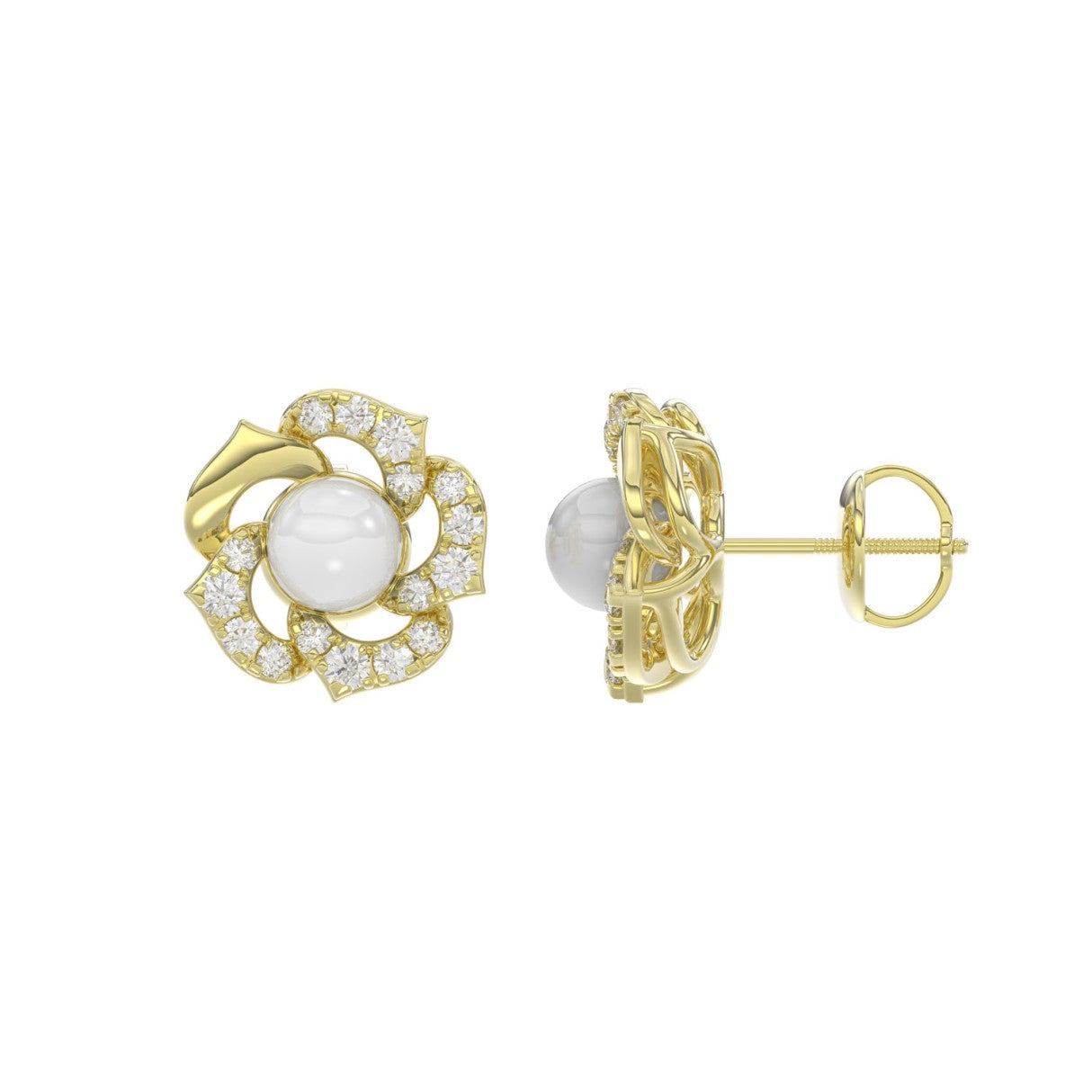 14K YELLOW GOLD 1/4CT ROUND/PEARL DIAMOND LADIES EARRINGS