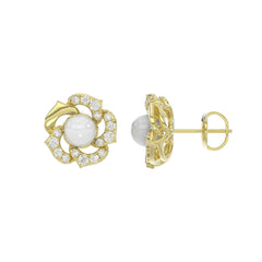 14K YELLOW GOLD 1/4CT ROUND/PEARL DIAMOND LADIES EARRINGS
