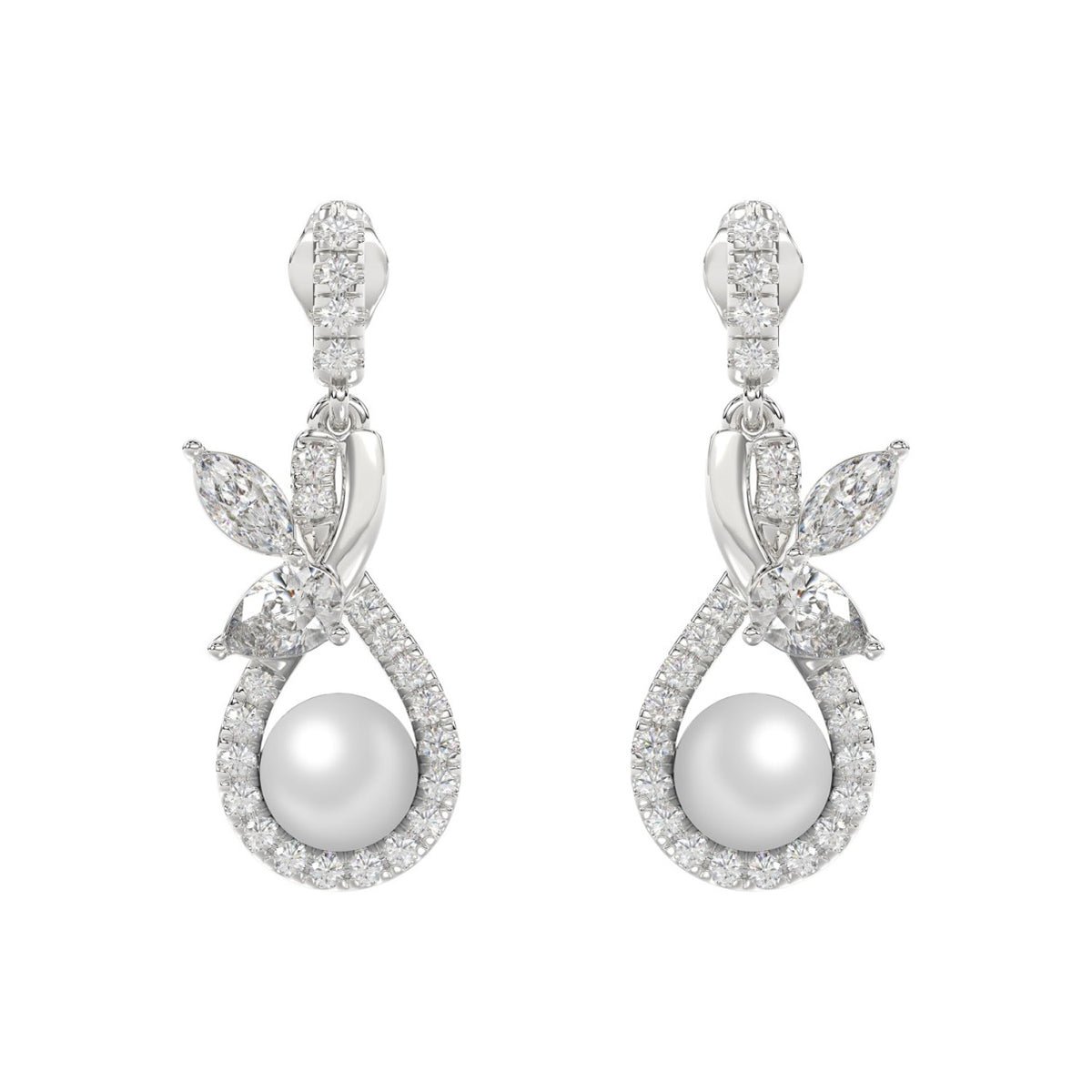 14K WHITE GOLD 3/4CT ROUND/MARQUISE/PEARL DIAMOND LADIES EARRINGS
