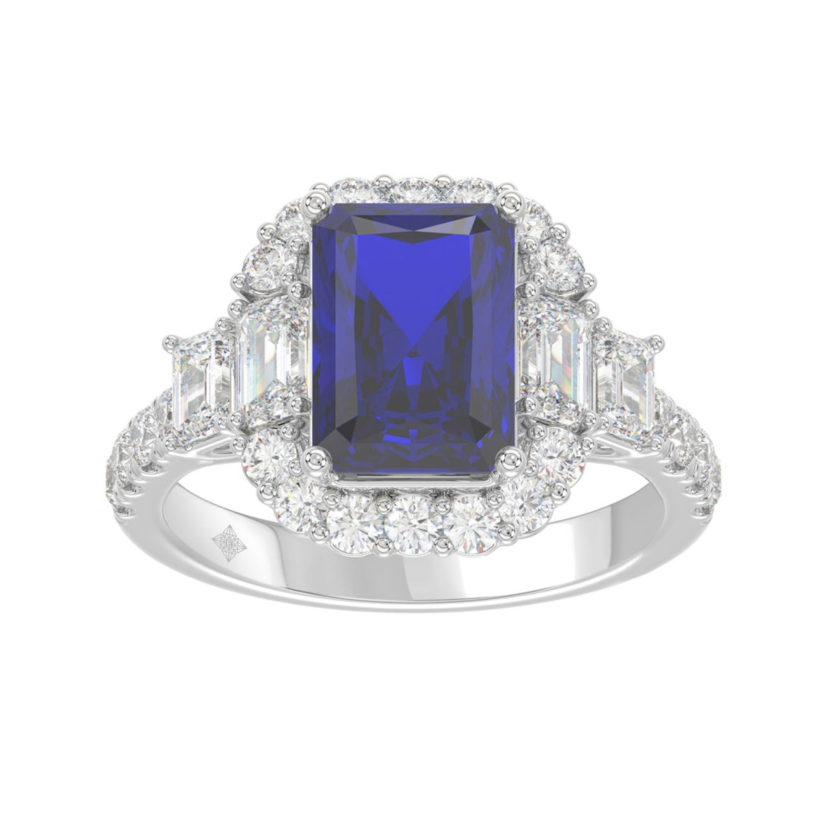 14K WHITE GOLD 4 1/2CT ROUND/EMERALD DIAMOND LADIES RING (CENTER STONE EMERALD BLUE SAPPHIRE DIAMOND 3CT)