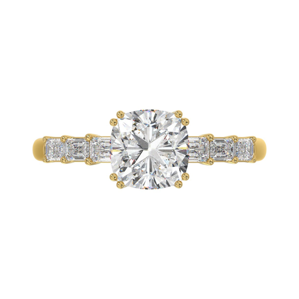 14K YELLOW GOLD 3 1/2CT EMERALD/CUSHION DIAMOND LADIES RING (CENTER STONE CUSHION DIAMOND 3CT)
