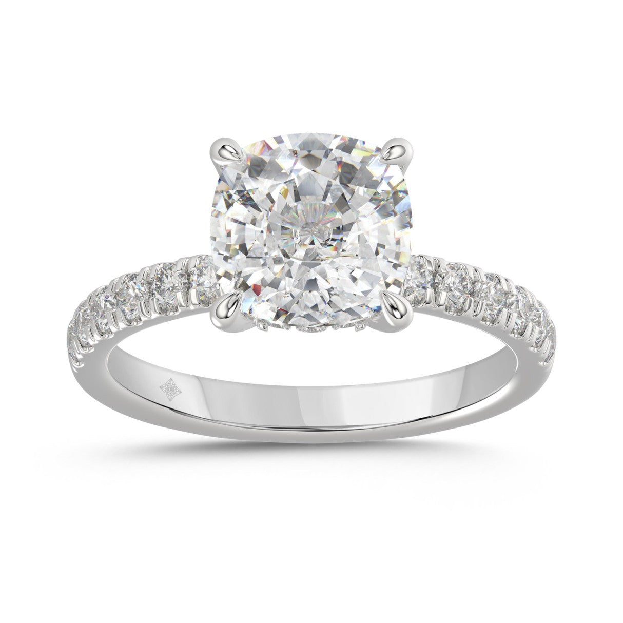 14K WHITE GOLD 3 1/2CT ROUND/CUSHION DIAMOND LADIES RING (CENTER STONE CUSHION DIAMOND 3CT)