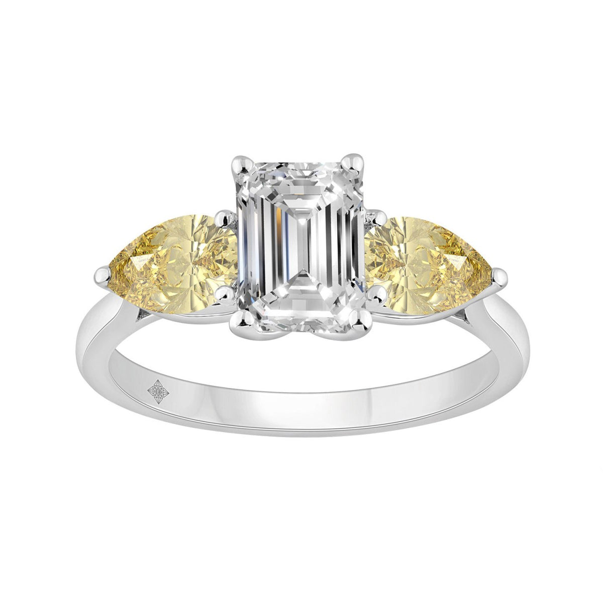 14K WHITE GOLD 2 1/2CT EMERALD/YELLOW PEAR DIAMOND LADIES RING (CENTER STONE EMERALD DIAMOND 1 1/2CT)