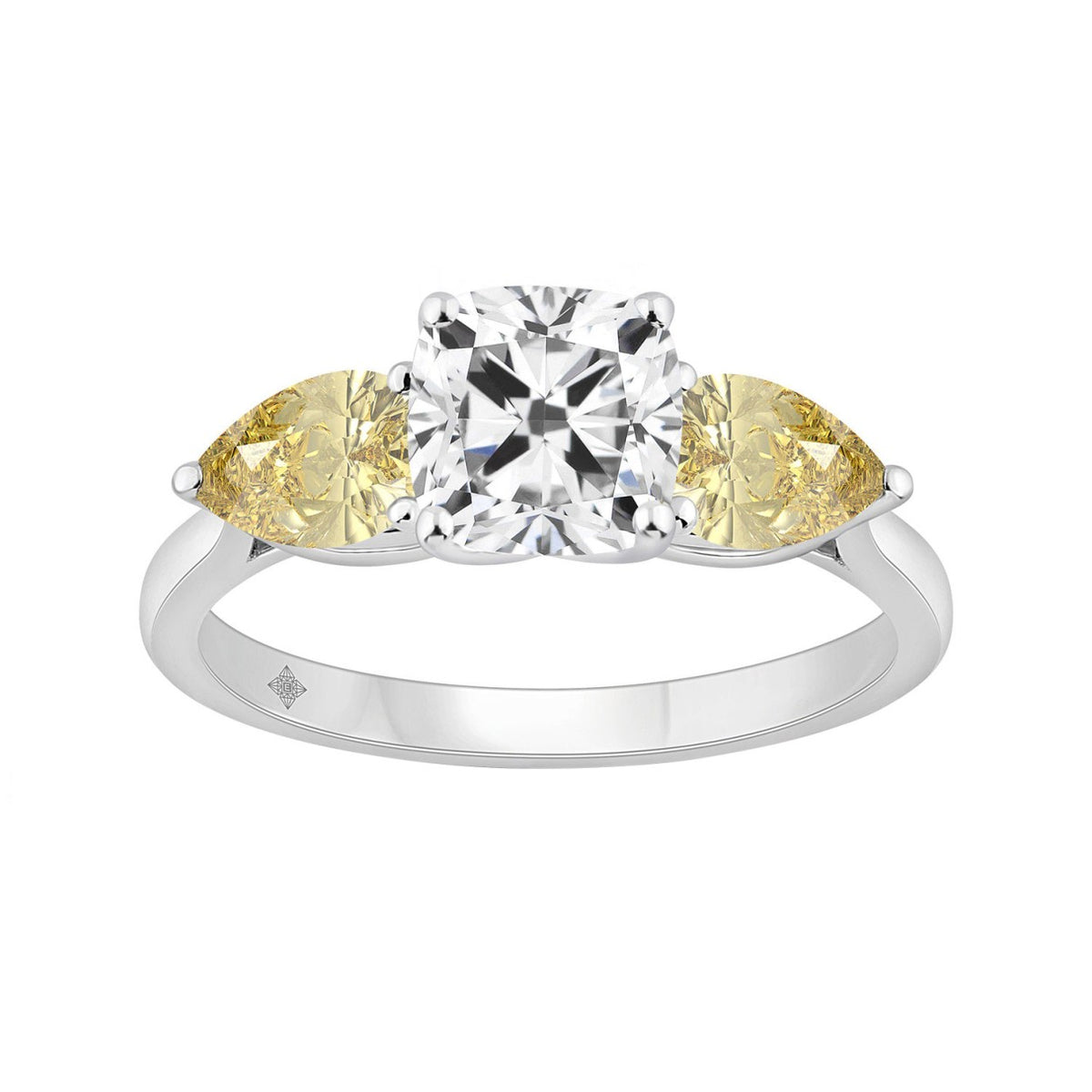 14K WHITE GOLD 2 5/8CT CUSHION/YELLOW PEAR DIAMOND LADIES RING (CENTER STONE CUSHION DIAMOND 1 1/2CT)