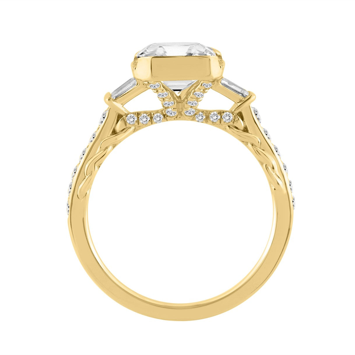 14K YELLOW GOLD 3 1/2CT ROUND/BAGUETTE/EMERALD DIAMOND LADIES RING (CENTER STONE EMERALD DIAMOND 3CT)