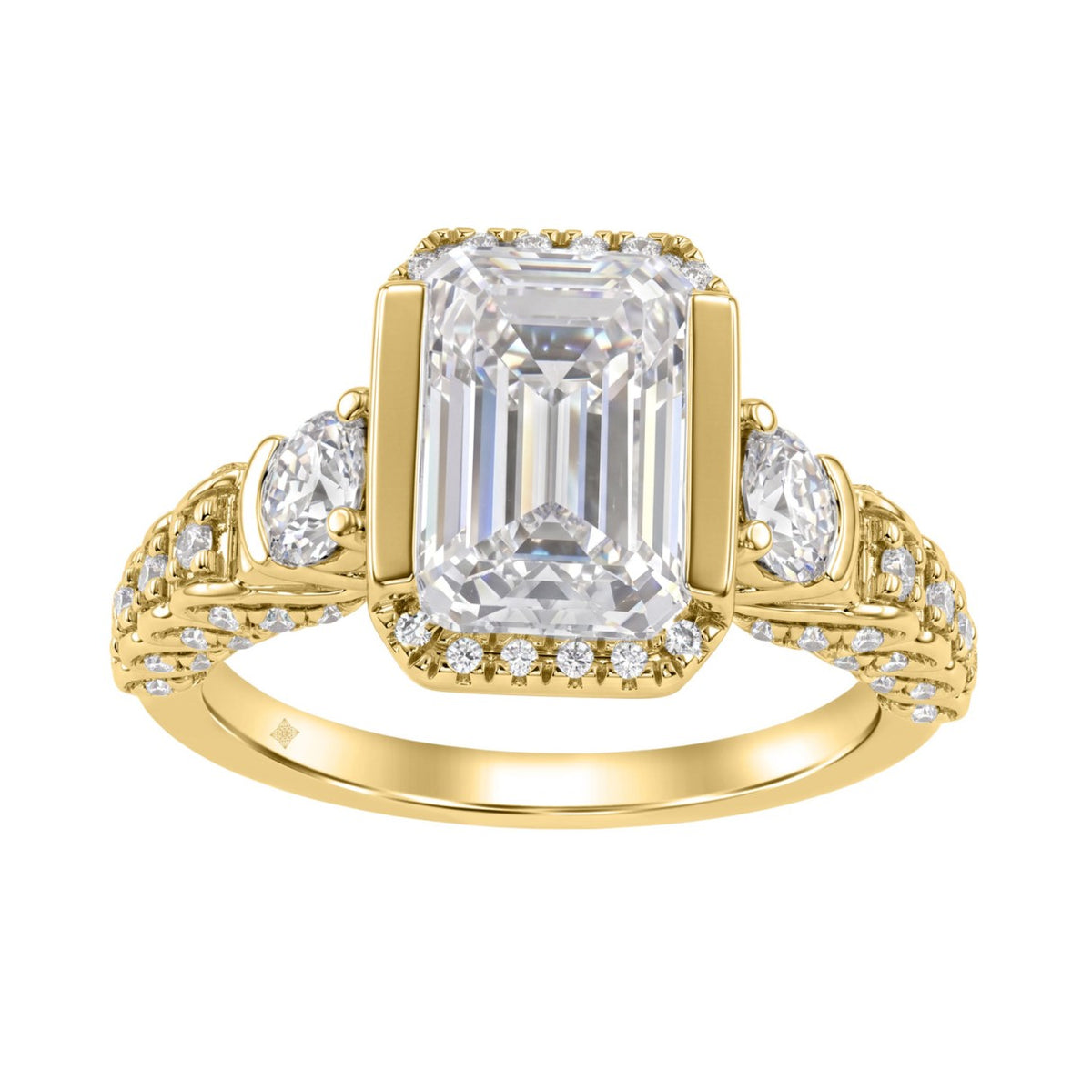 14K Yellow Gold 4.00 Ct Round &amp; Emerald Cut Diamond Engagement Ring For Women With Side Round Diamond 3.00Ct Emerald Center Stone (Color F-G -Clar