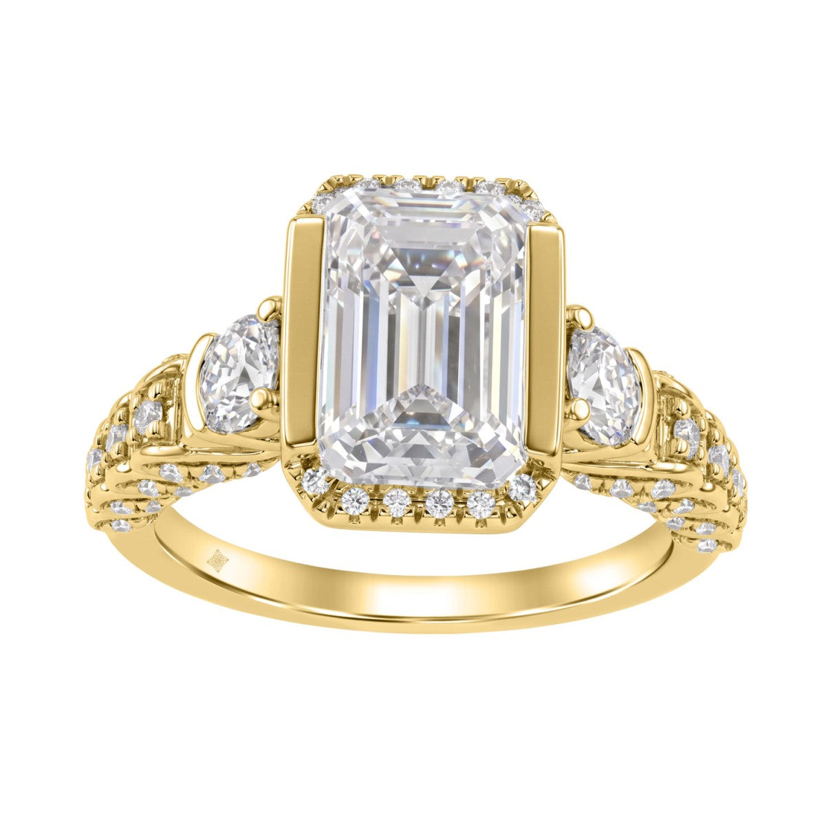 14K Yellow Gold 4.00 Ct Round &amp; Emerald Cut Diamond Engagement Ring For Women With Side Round Diamond 3.00Ct Emerald Center Stone (Color F-G -Clarity Vs1/Vs2)