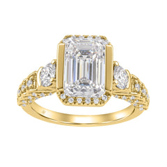 14K Yellow Gold 4.00 Ct Round &amp; Emerald Cut Diamond Engagement Ring For Women With Side Round Diamond 3.00Ct Emerald Center Stone (Color F-G -Clarity Vs1/Vs2)