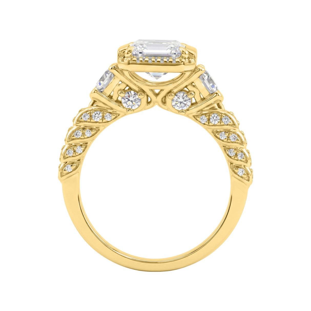 14K Yellow Gold 4.00 Ct Round &amp; Emerald Cut Diamond Engagement Ring For Women With Side Round Diamond 3.00Ct Emerald Center Stone (Color F-G -Clarity Vs1/Vs2)