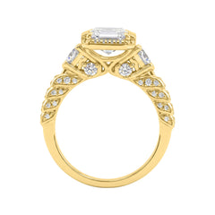 14K Yellow Gold 4.00 Ct Round &amp; Emerald Cut Diamond Engagement Ring For Women With Side Round Diamond 3.00Ct Emerald Center Stone (Color F-G -Clarity Vs1/Vs2)