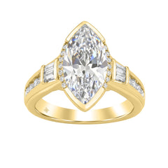 Elegant 14K Yellow Gold Diamond Engagement Ring Featuring 3 1/2Ct Round, Marquise & Baguette Diamonds With Sparkling Side Stones. Perfect For Weddings