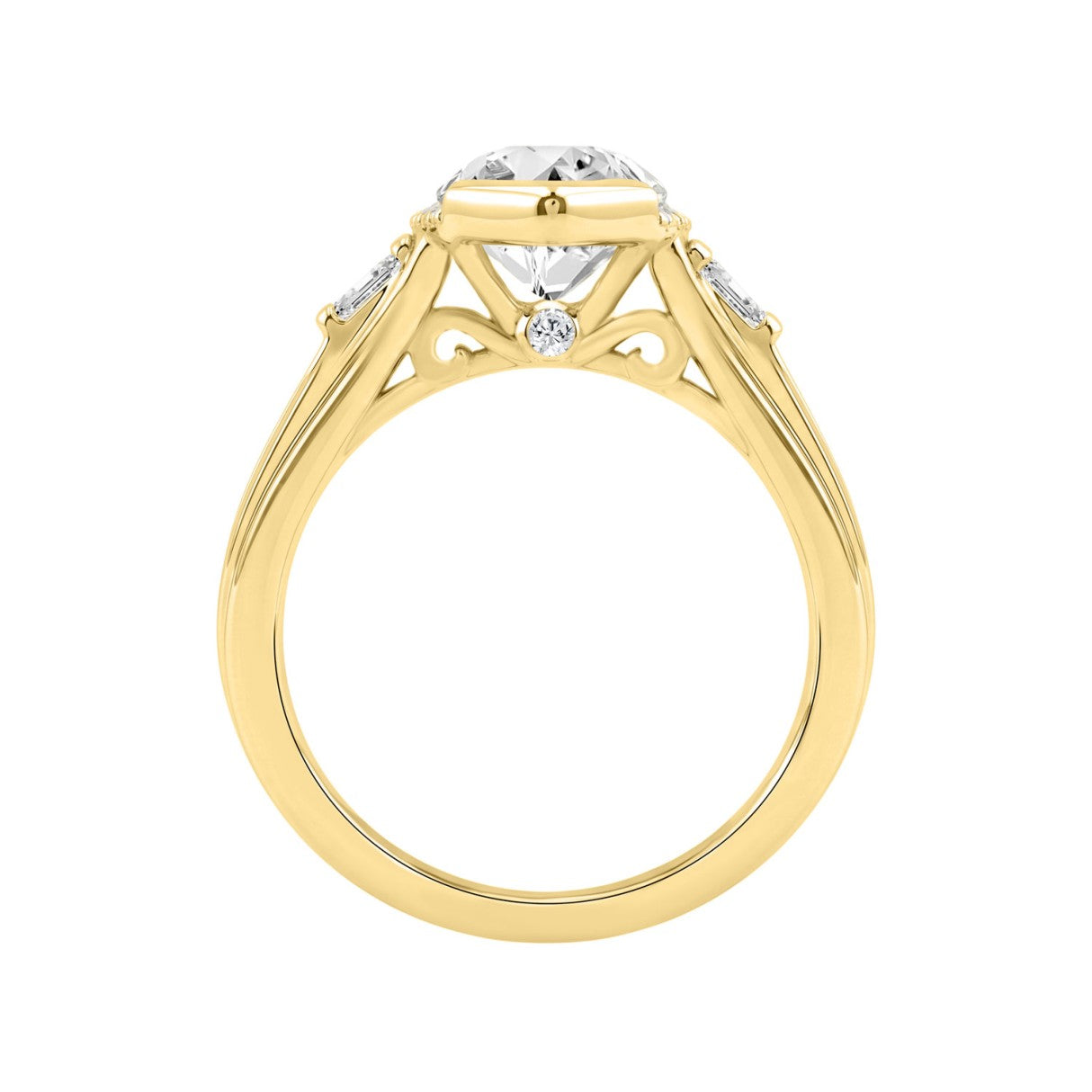 Elegant 14K Yellow Gold Diamond Engagement Ring Featuring 3 1/2Ct Round, Marquise & Baguette Diamonds With Sparkling Side Stones. Perfect For Weddings