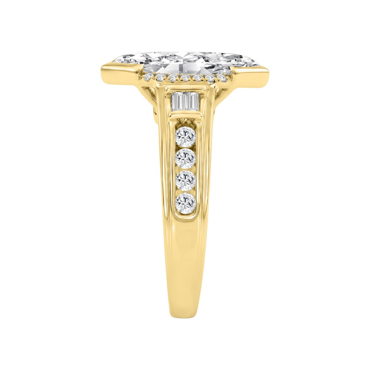 Elegant 14K Yellow Gold Diamond Engagement Ring Featuring 3 1/2Ct Round, Marquise & Baguette Diamonds With Sparkling Side Stones. Perfect For Weddings