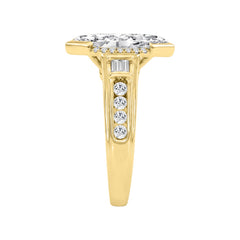 Elegant 14K Yellow Gold Diamond Engagement Ring Featuring 3 1/2Ct Round, Marquise & Baguette Diamonds With Sparkling Side Stones. Perfect For Weddings