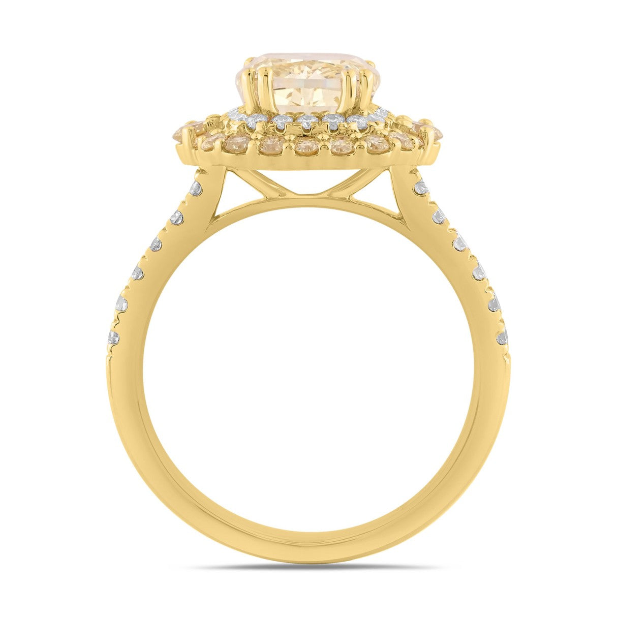 14K YELLOW GOLD 2 3/4CT ROUND/CUSHION DIAMOND LADIES RING (CENTER STONE YELLOW CUSHION DIAMOND 2CT)