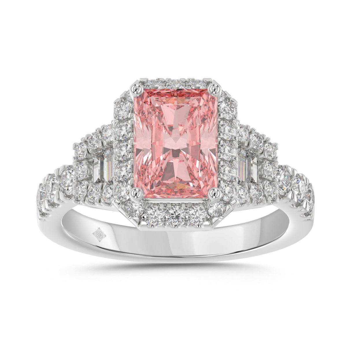 ETERNAL BLUSH COLLECTION 14K WHITE GOLD 2 3/4CT ROUND/BAGUETTE/RADIANT DIAMOND LADIES RING (CENTER STONE PINK RADIANT DIAMOND 2CT)