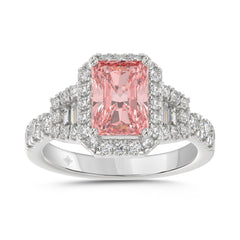 ETERNAL BLUSH COLLECTION 14K WHITE GOLD 2 3/4CT ROUND/BAGUETTE/RADIANT DIAMOND LADIES RING (CENTER STONE PINK RADIANT DIAMOND 2CT)
