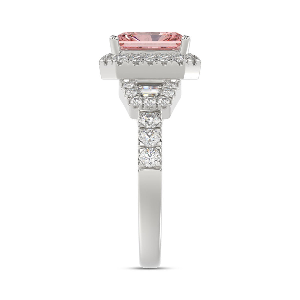 ETERNAL BLUSH COLLECTION 14K WHITE GOLD 2 3/4CT ROUND/BAGUETTE/RADIANT DIAMOND LADIES RING (CENTER STONE PINK RADIANT DIAMOND 2CT)