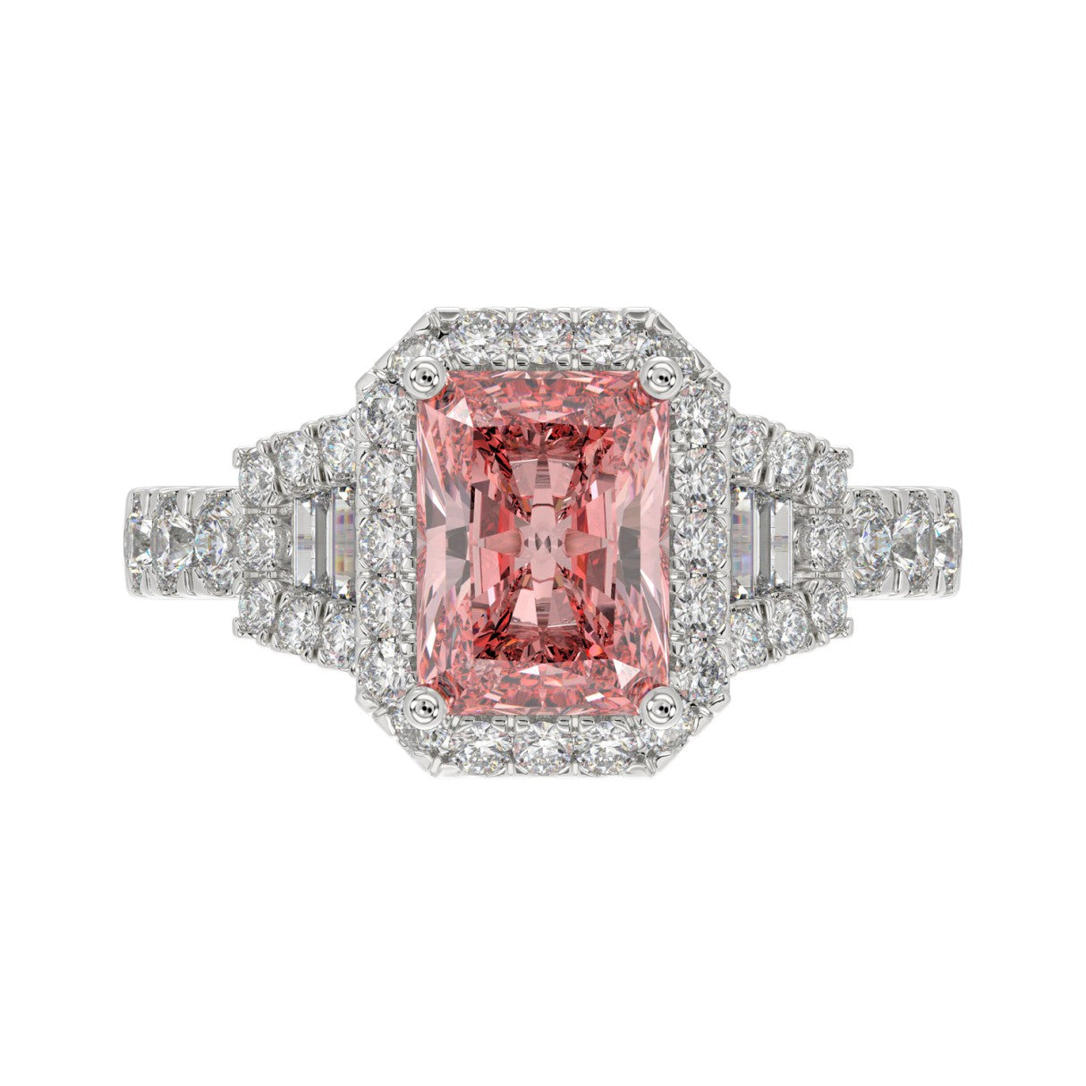 ETERNAL BLUSH COLLECTION 14K WHITE GOLD 2 3/4CT ROUND/BAGUETTE/RADIANT DIAMOND LADIES RING (CENTER STONE PINK RADIANT DIAMOND 2CT)