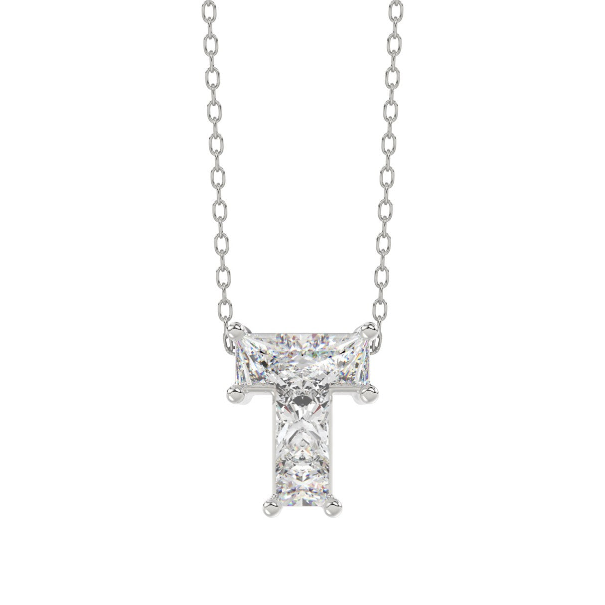10K White Gold Diamond Initial “T” Pendant 1.00CT Fancy Cut Ladies Alphabet Charm with Chain