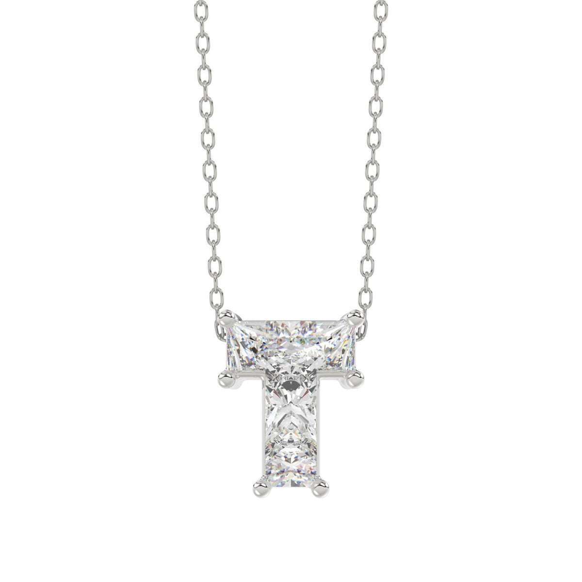 10K White Gold Diamond Initial “T” Pendant 1.00CT Fancy Cut Ladies Alphabet Charm with Chain