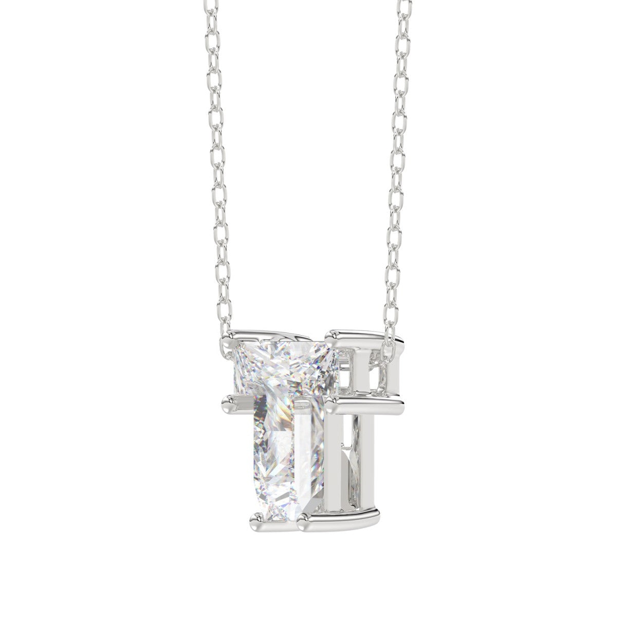 10K White Gold Diamond Initial “T” Pendant 1.00CT Fancy Cut Ladies Alphabet Charm with Chain