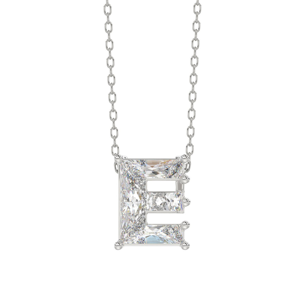 10K White Gold Diamond Initial “E” Pendant 1 1/2CT Fancy Cut Ladies Alphabet Charm with Chain
