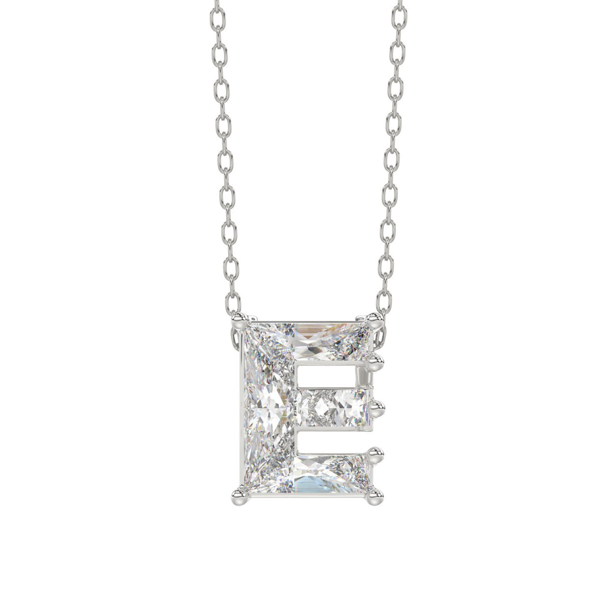 10K White Gold Diamond Initial “E” Pendant 1 1/2CT Fancy Cut Ladies Alphabet Charm with Chain