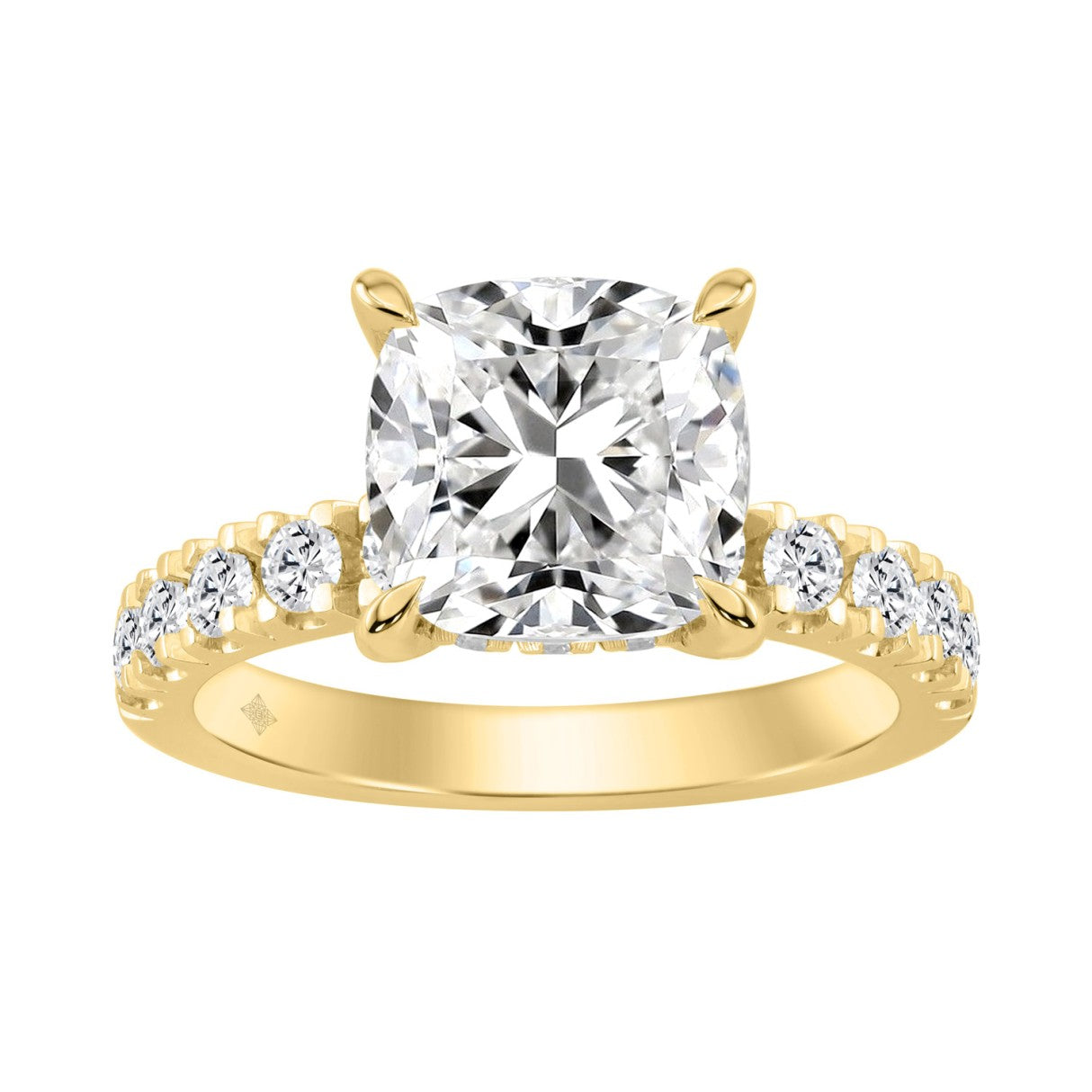 14K YELLOW GOLD 4 3/4CT ROUND/CUSHION DIAMOND LADIES RING (CENTER STONE CUSHION DIAMOND 4CT)
