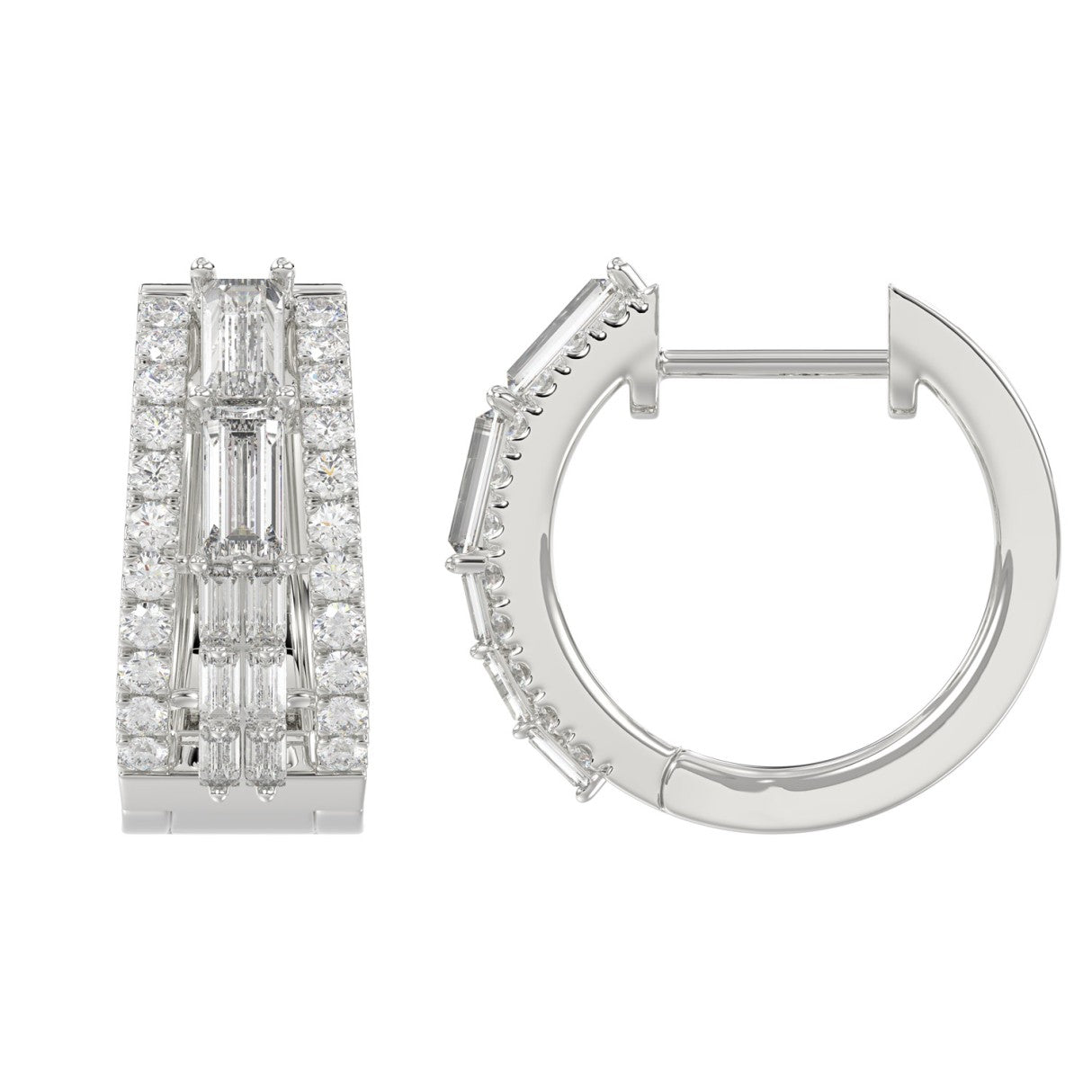 Classic 10K White Gold  Round & Baguette Lab Grown Diamond ladies Hoop Earrings 3/4CT (Color F-G -Clarity VS1/VS2)