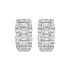 14K WHITE GOLD 1 3/4CT ROUND/EMERALD DIAMOND HOOP EARRINGS