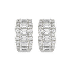 14K WHITE GOLD 1 3/4CT ROUND/EMERALD DIAMOND HOOP EARRINGS