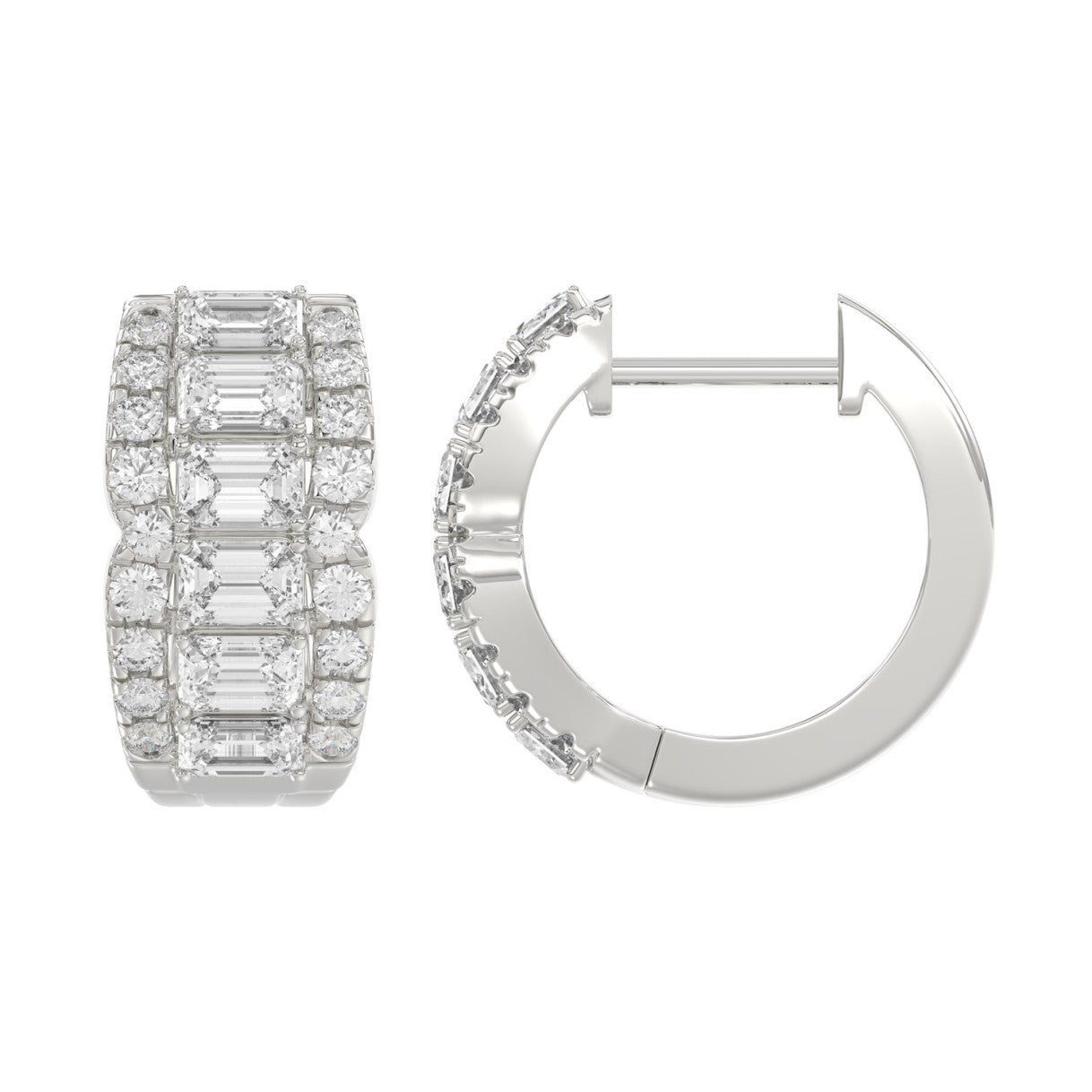14K WHITE GOLD 1 3/4CT ROUND/EMERALD DIAMOND HOOP EARRINGS