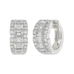 14K WHITE GOLD 1 3/4CT ROUND/EMERALD DIAMOND HOOP EARRINGS