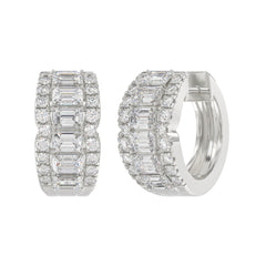 14K WHITE GOLD 1 3/4CT ROUND/EMERALD DIAMOND HOOP EARRINGS