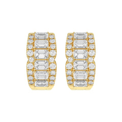 14K YELLOW GOLD 1 3/4CT ROUND/EMERALD DIAMOND HOOP EARRINGS