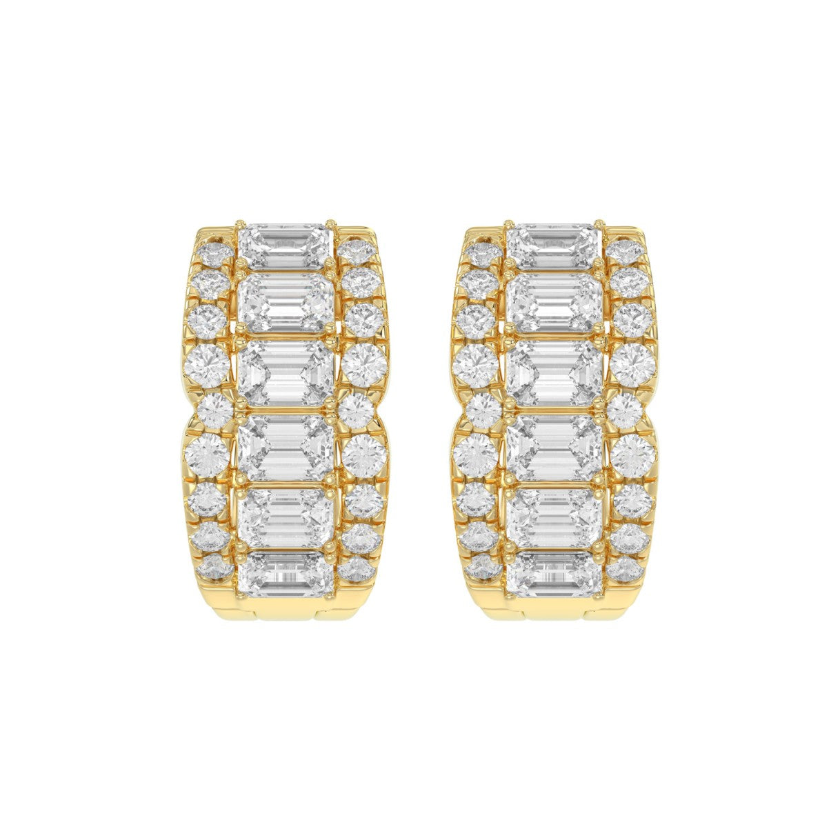 14K YELLOW GOLD 1 3/4CT ROUND/EMERALD DIAMOND HOOP EARRINGS
