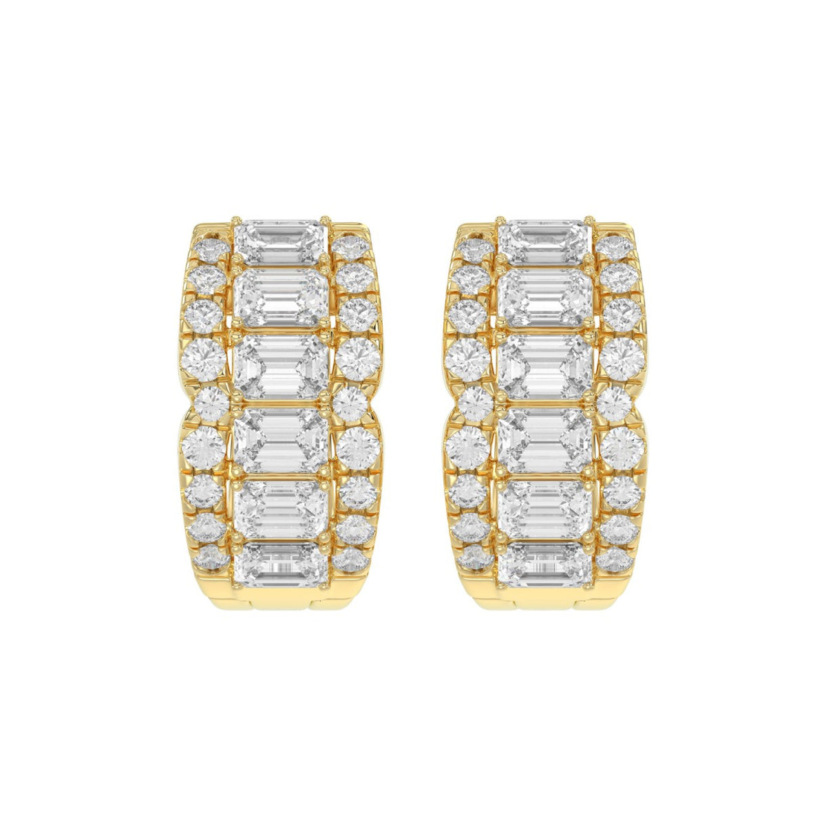 14K YELLOW GOLD 1 3/4CT ROUND/EMERALD DIAMOND HOOP EARRINGS