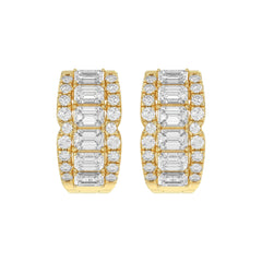 14K YELLOW GOLD 1 3/4CT ROUND/EMERALD DIAMOND HOOP EARRINGS